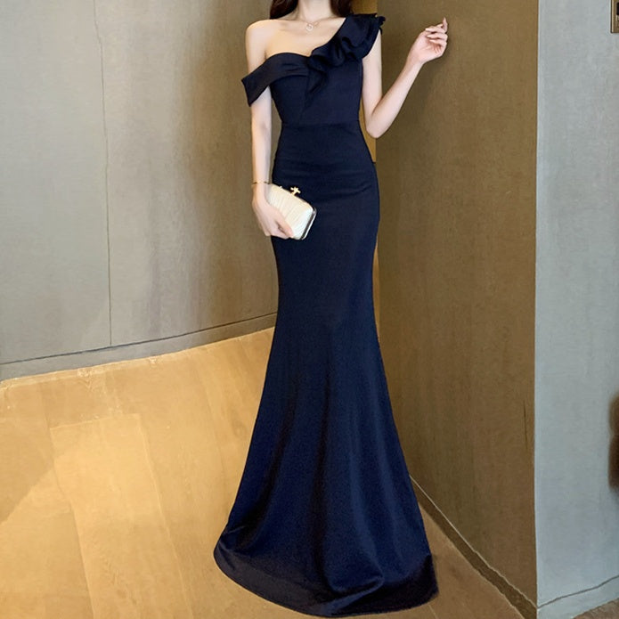 ブラックオフショルダーフリルロングドレス カラードレス ブラック オフショルダー プリンセスドレス 結婚式