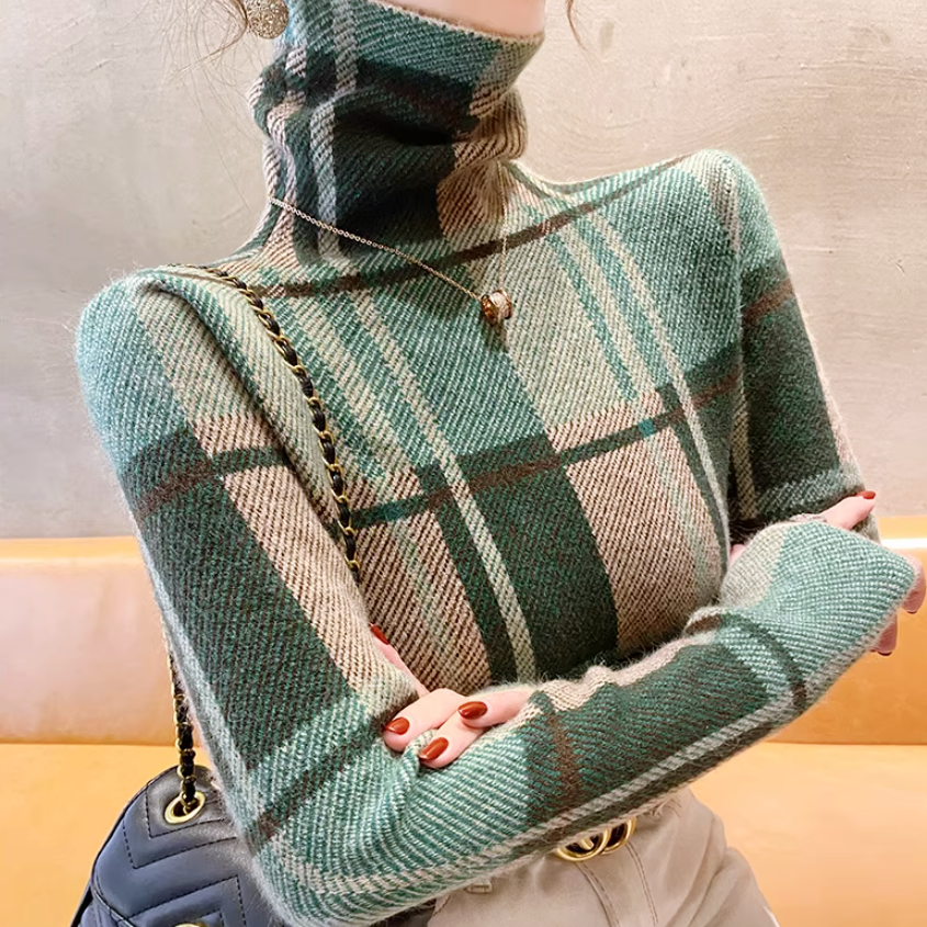 即納】チェック柄タートルネックトップス – Salang