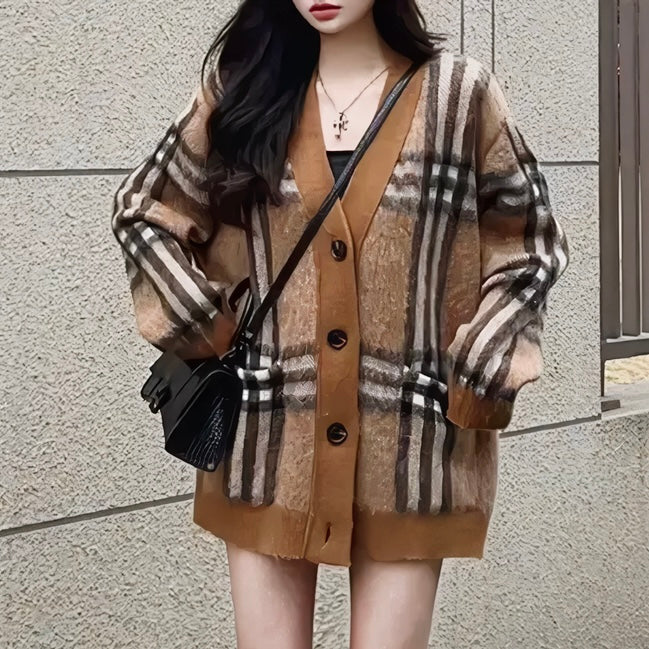 モヘアチェックルーズカーディガン