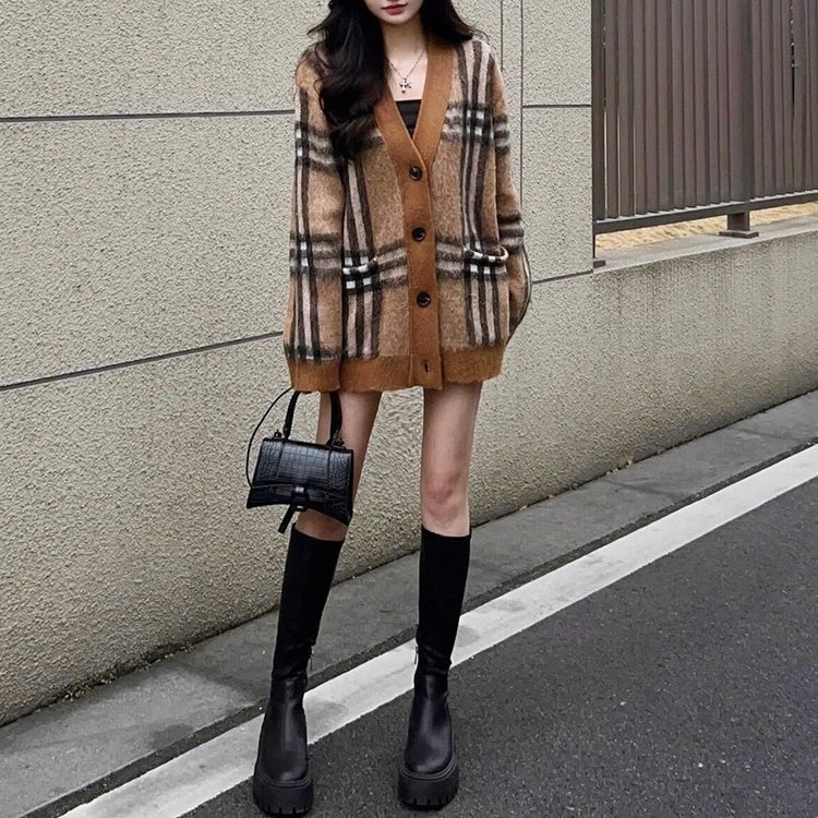 モヘアチェックルーズカーディガン