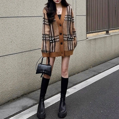 モヘアチェックルーズカーディガン