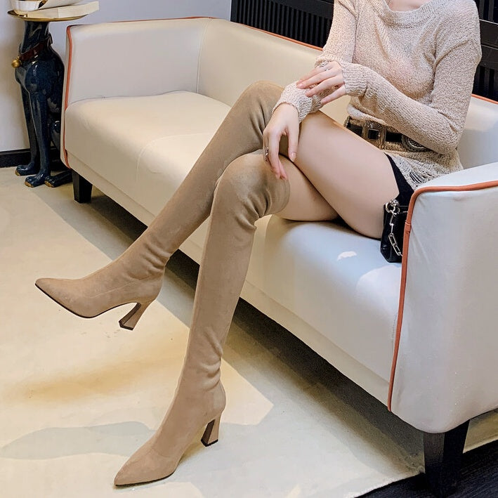 ポインテッドトゥベルベットニーハイブーツ – Salang