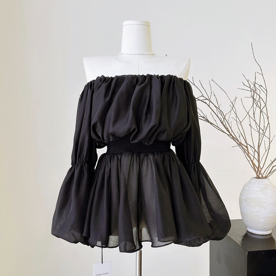 【NEW限定品】 オフショルダーパフスリーブシフォントップス Salang – トップス