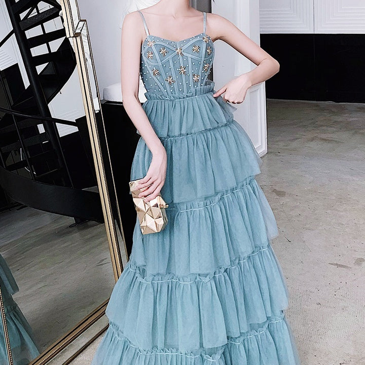 ビジュー シフォン ロング ドレス 光沢素材 イブニング用 no1913.jpg
