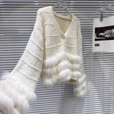 Vネックフェザーファーカーディガン