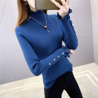 シフォンフリルハイネックリブニットトップス