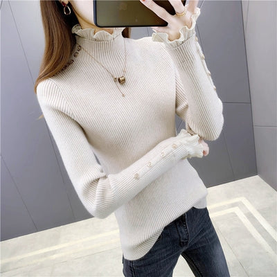 シフォンフリルハイネックリブニットトップス