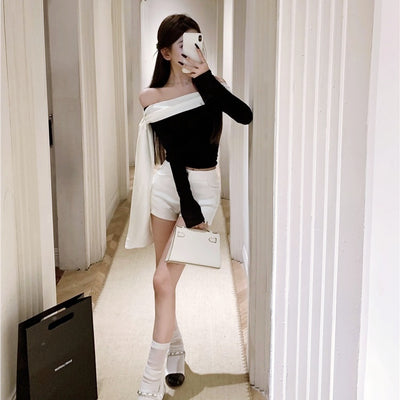 バイカラーオフショルダーリボントップス