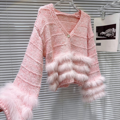 Vネックフェザーファーカーディガン