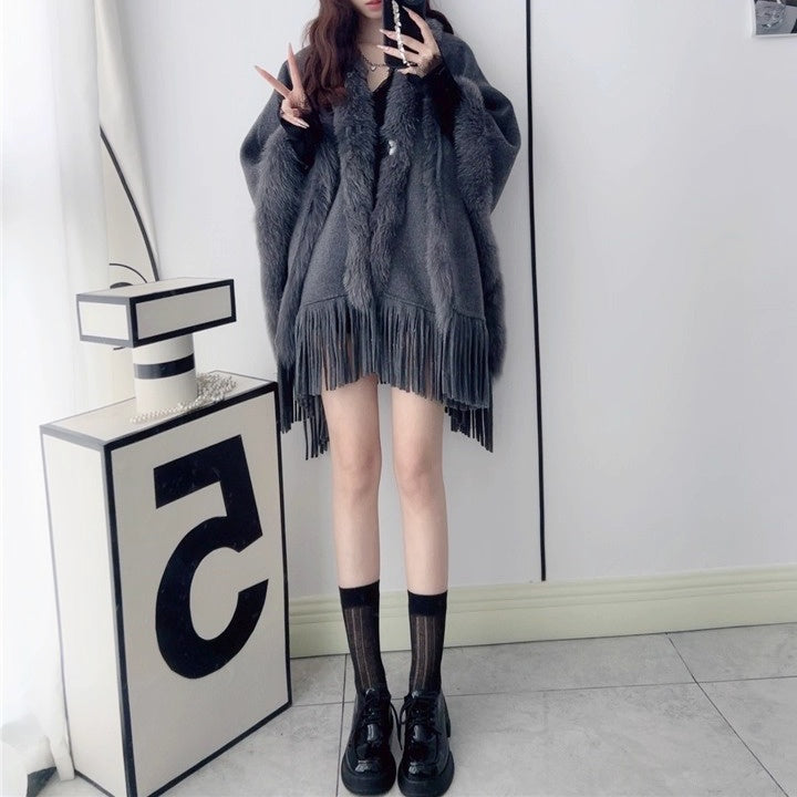 FOXファートリムウールケープコート