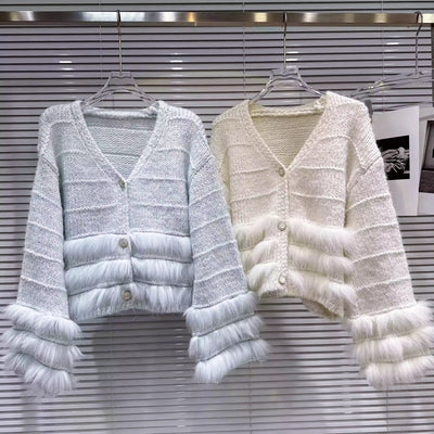 Vネックフェザーファーカーディガン