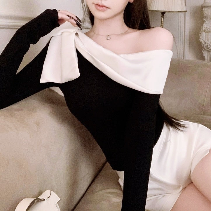 バイカラーオフショルダーリボントップス