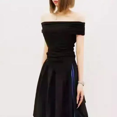 【即納】アシンメトリードレープオフショルトップス