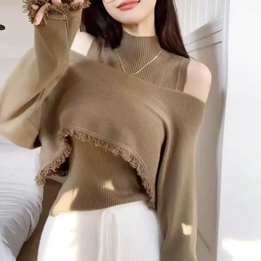 タッセルオフショルダーツーピースニット